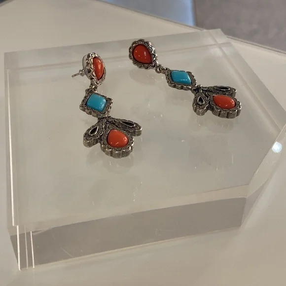 Silver Tone and Orange Dangle Earrings - Picture 4 of 4